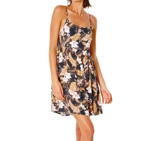 Rip Curl Playabella Cover Up Dress Black Floral Spaghetti Straps Size M - Picture 1 of 12